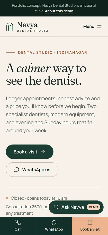 Navya Dental Studio's home page: “A calmer way to see the dentist.”